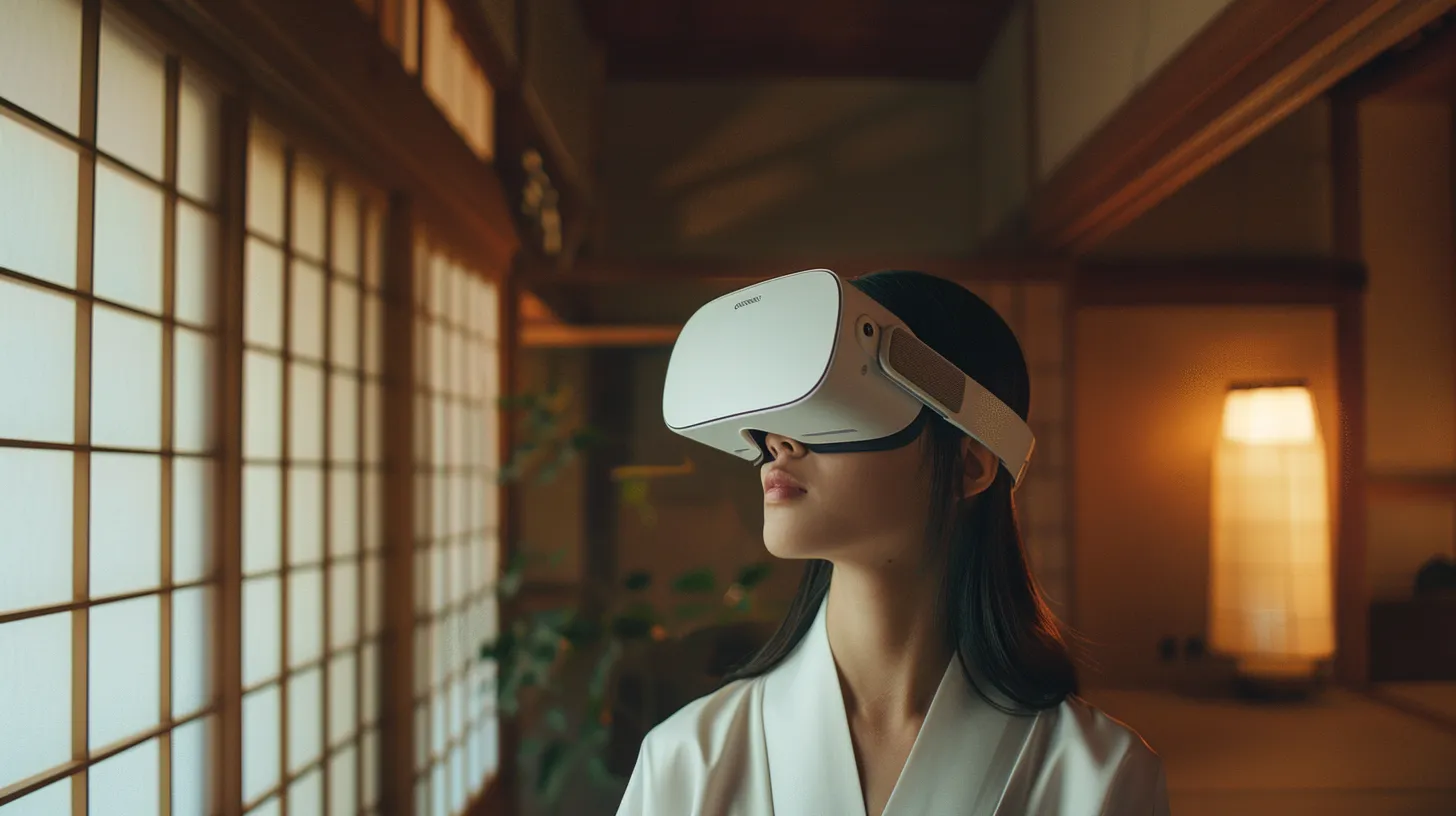 Person wearing a white VR headset in a Japanese room with paper screens