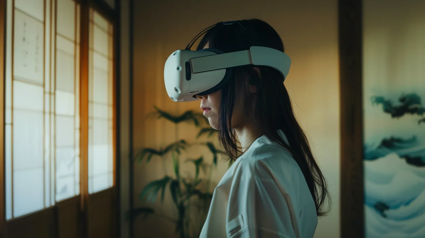 Woman with long hair wearing a white VR headset beside a paper screen