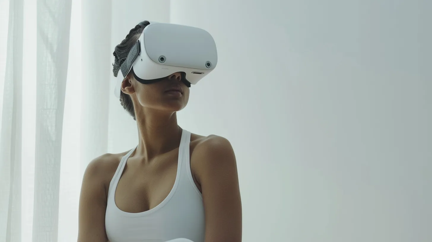 Woman in a white top wearing a VR headset in a bright room
